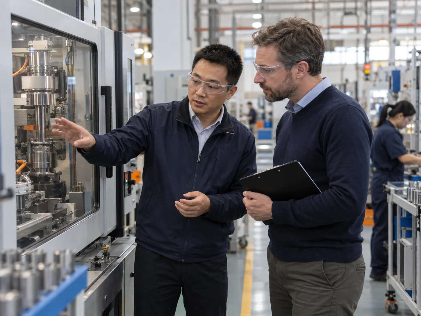A Chinese supplier showing a visiting buyer around a factory and discussing production equipment.